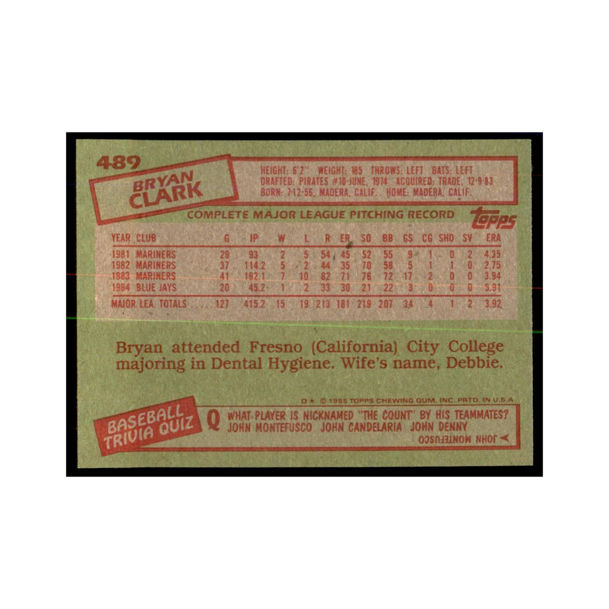 1985 Topps Bryan Clark Blue Jays #489