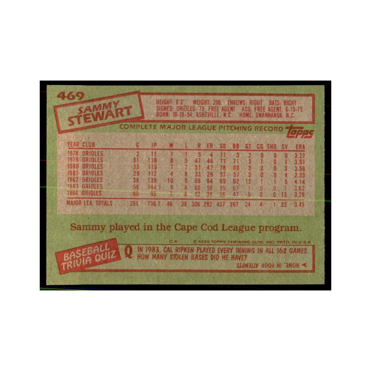 1985 Topps Sammy Stewart Orioles #469