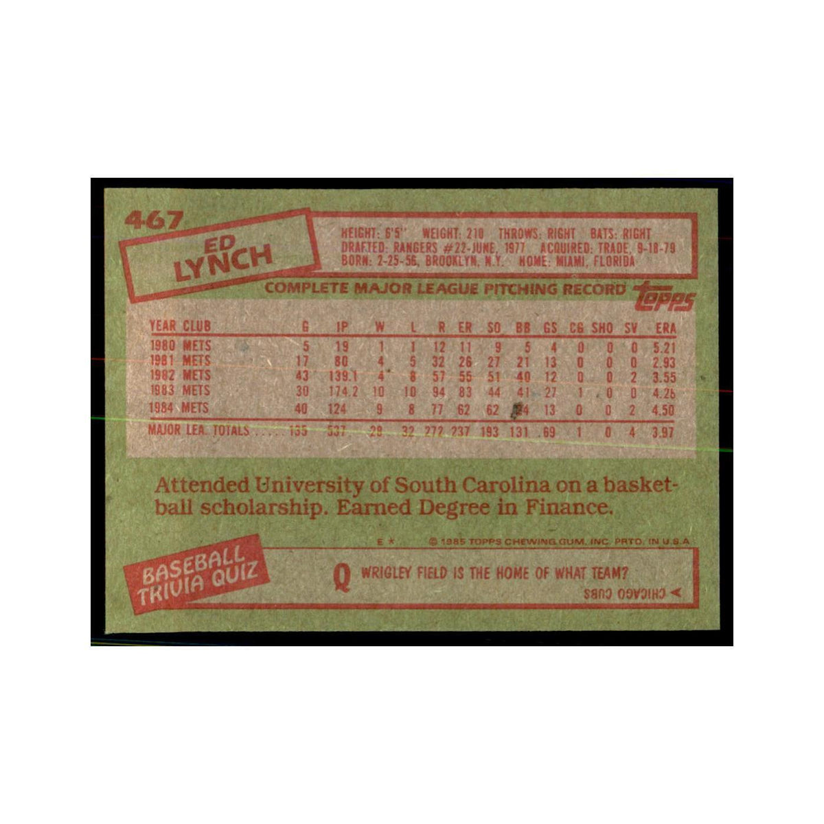 1985 Topps Ed Lynch Mets #467