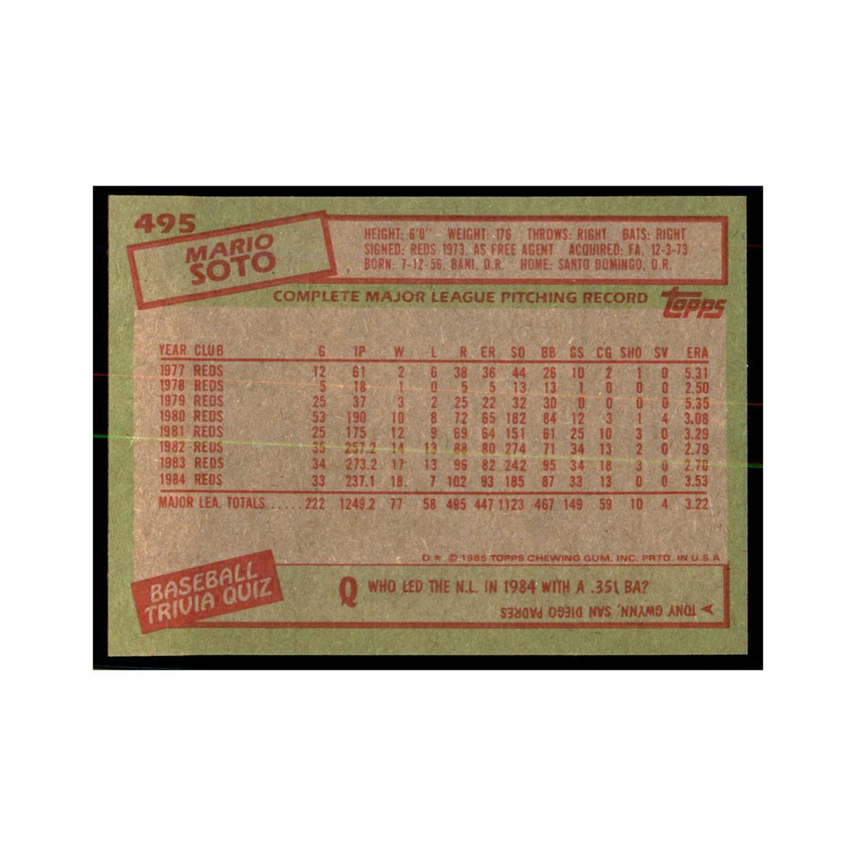 1985 Topps Mario Soto Reds #495
