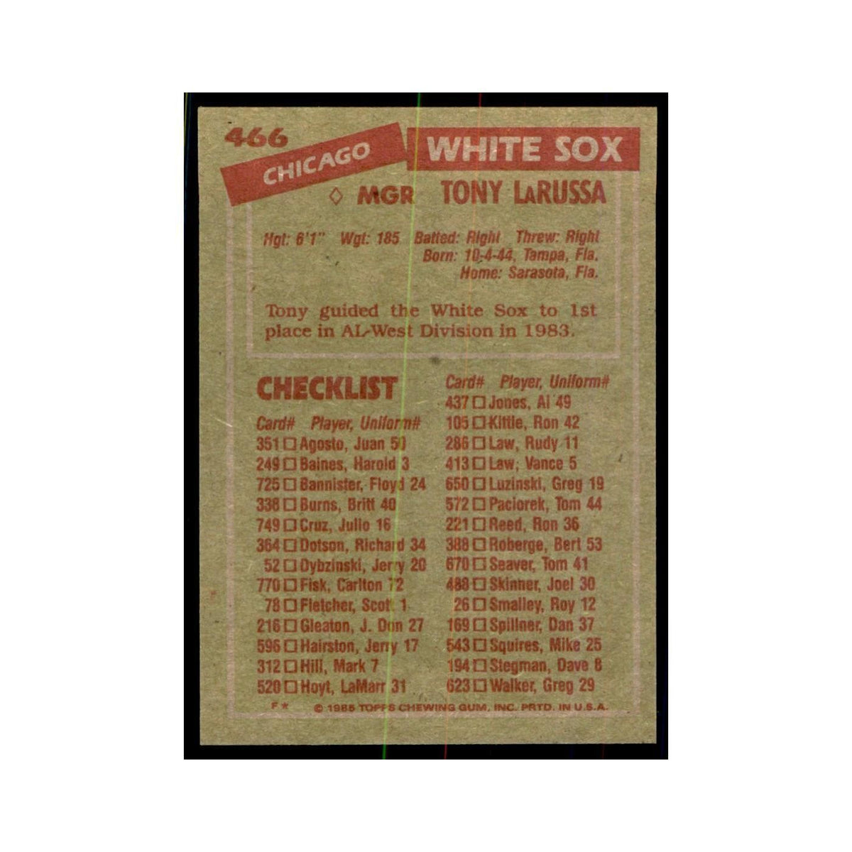 1985 Topps Tony LaRussa White Sox #466