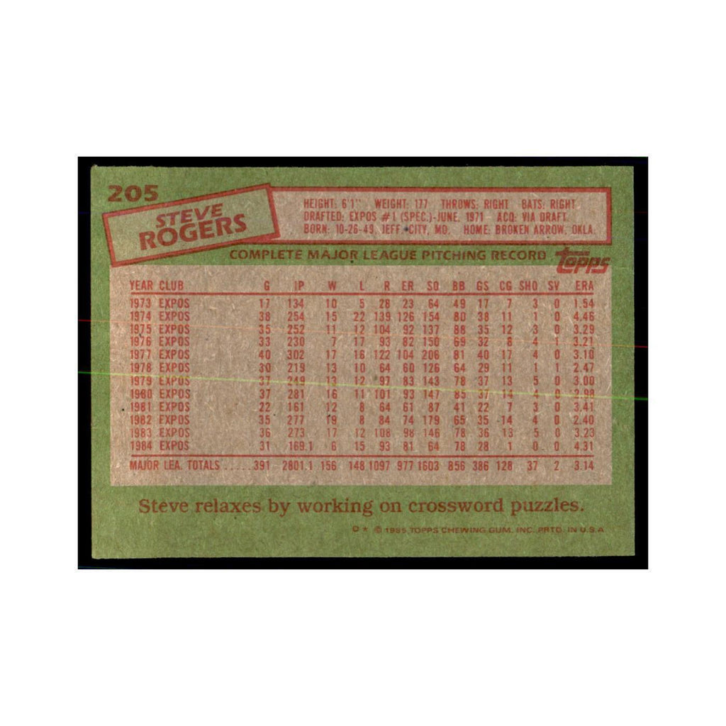 1985 Topps Steve Rogers Montreal Expos #205