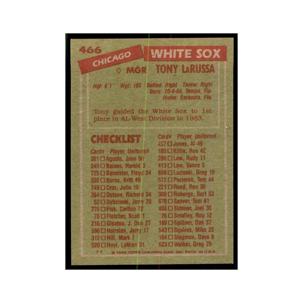 1985 Topps Tony LaRussa White Sox #466