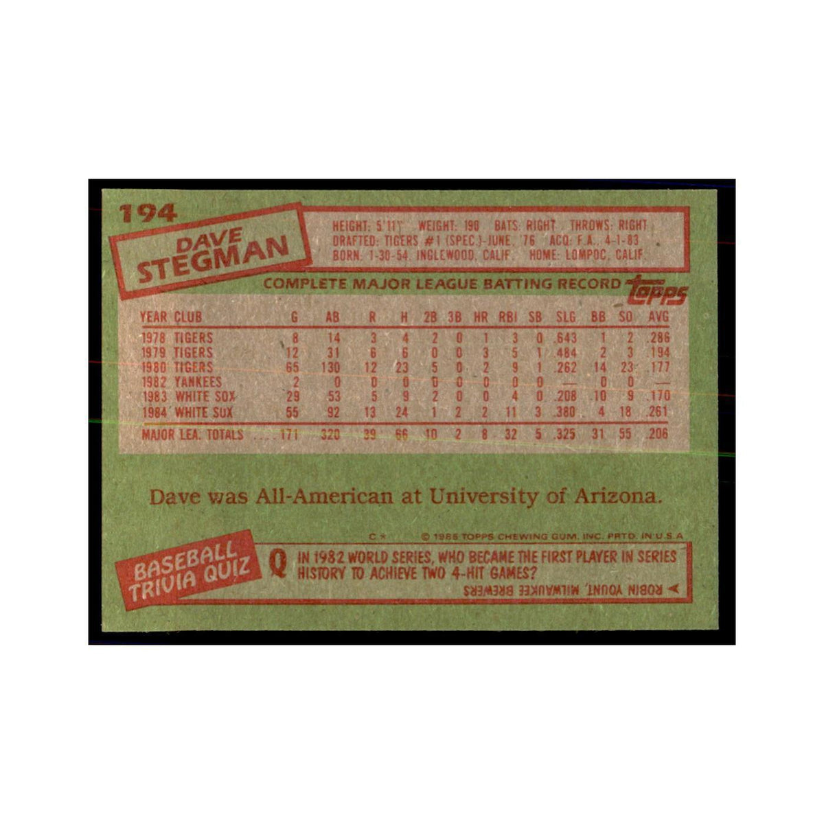 1985 Topps Dave Stegman White Sox #194