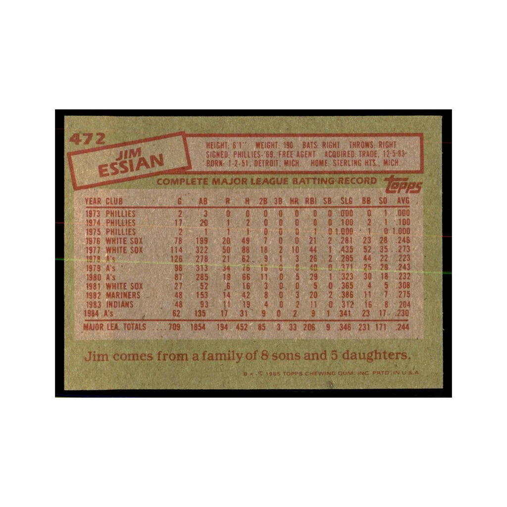 1985 Topps Jim Essian Athletics #472