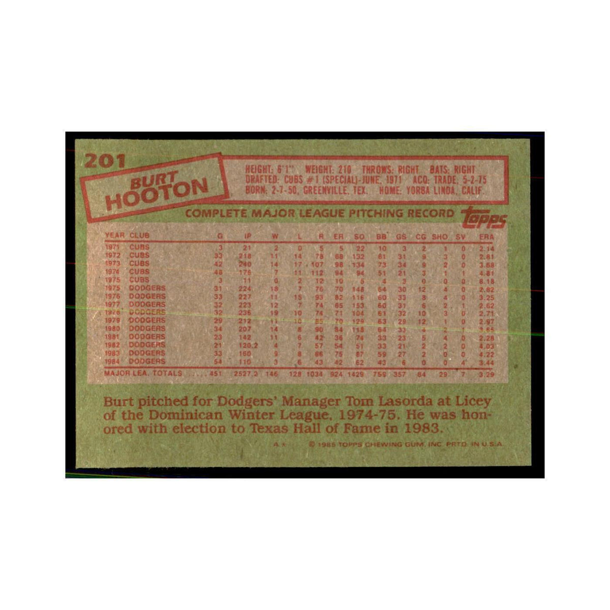 1985 Topps Burt Hooton Dodgers #201