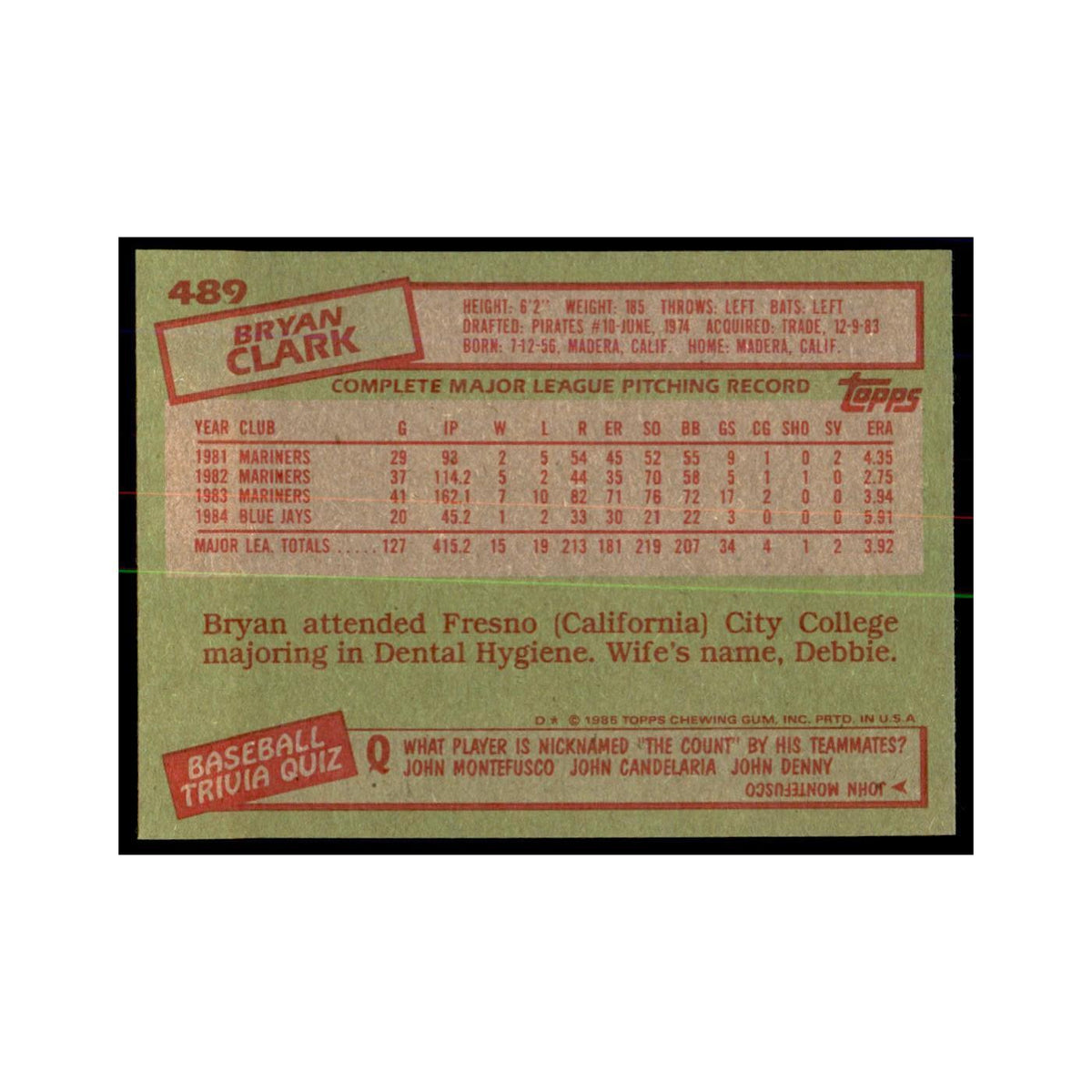 1985 Topps Bryan Clark Blue Jays #489
