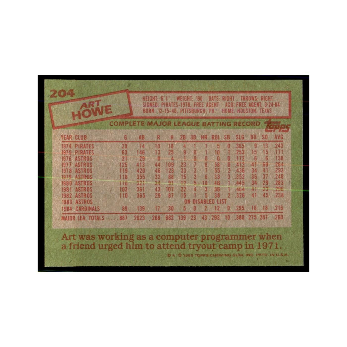 1985 Topps Art Howe Cardinals #204