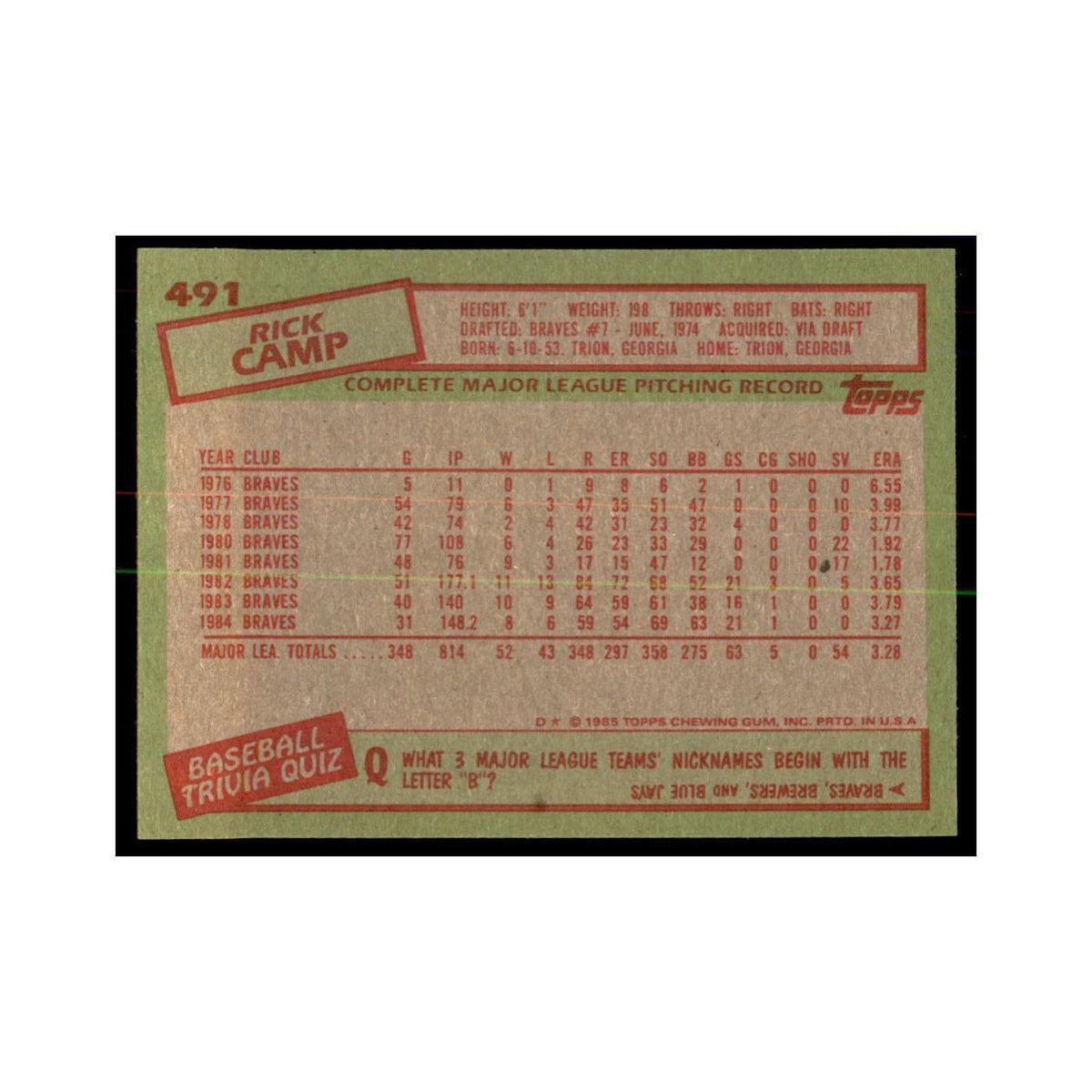 1985 Topps Rick Camp Braves #491