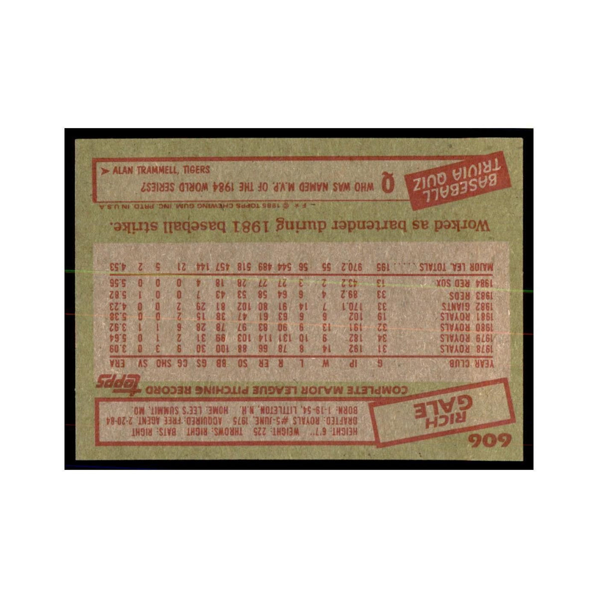 1985 Topps Rich Gale Red Sox #606
