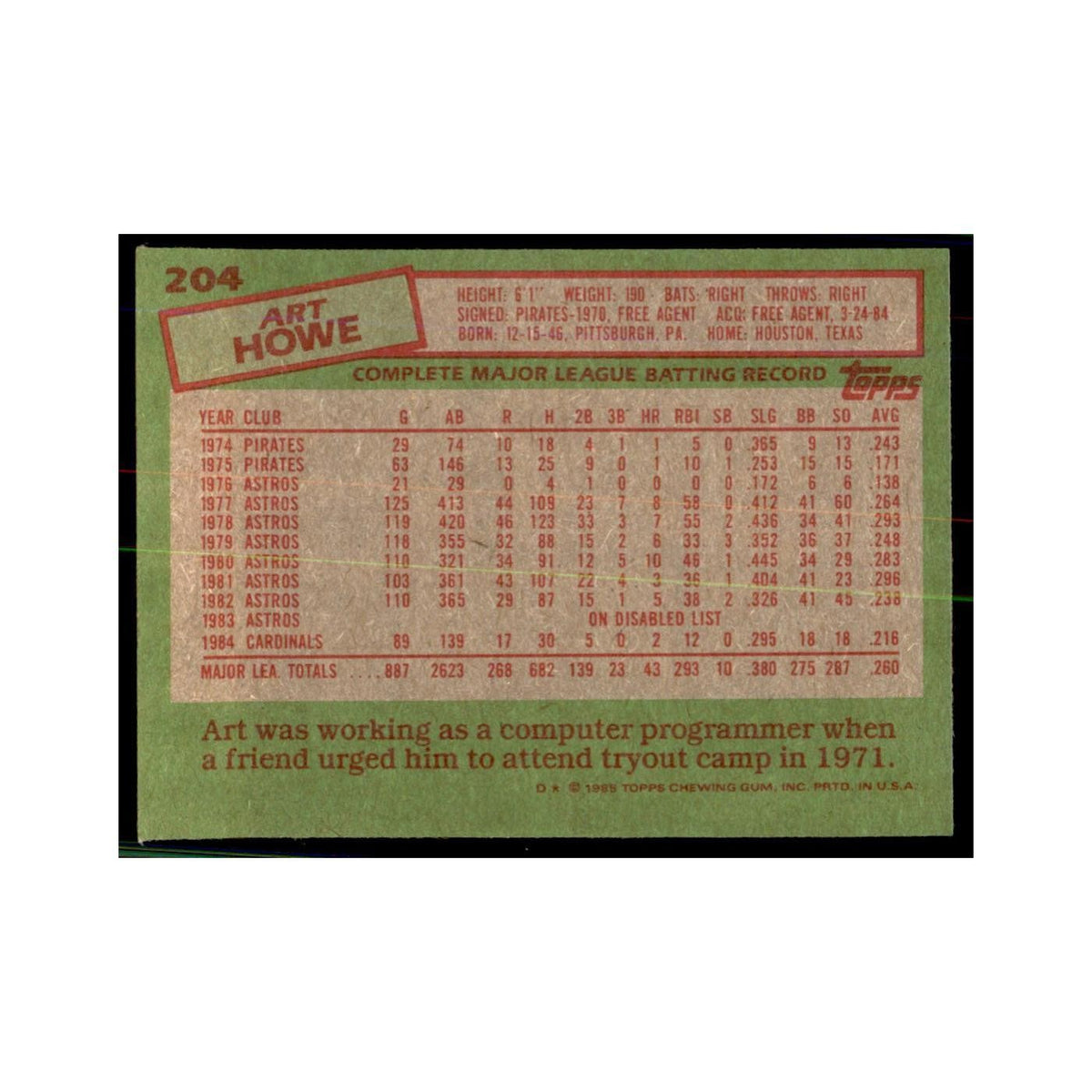 1985 Topps Art Howe Cardinals #204