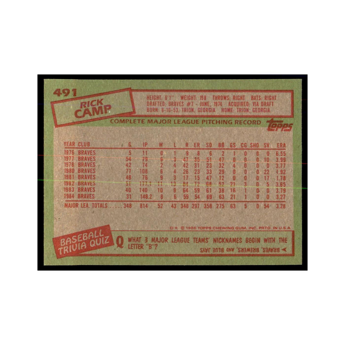 1985 Topps Rick Camp Braves #491