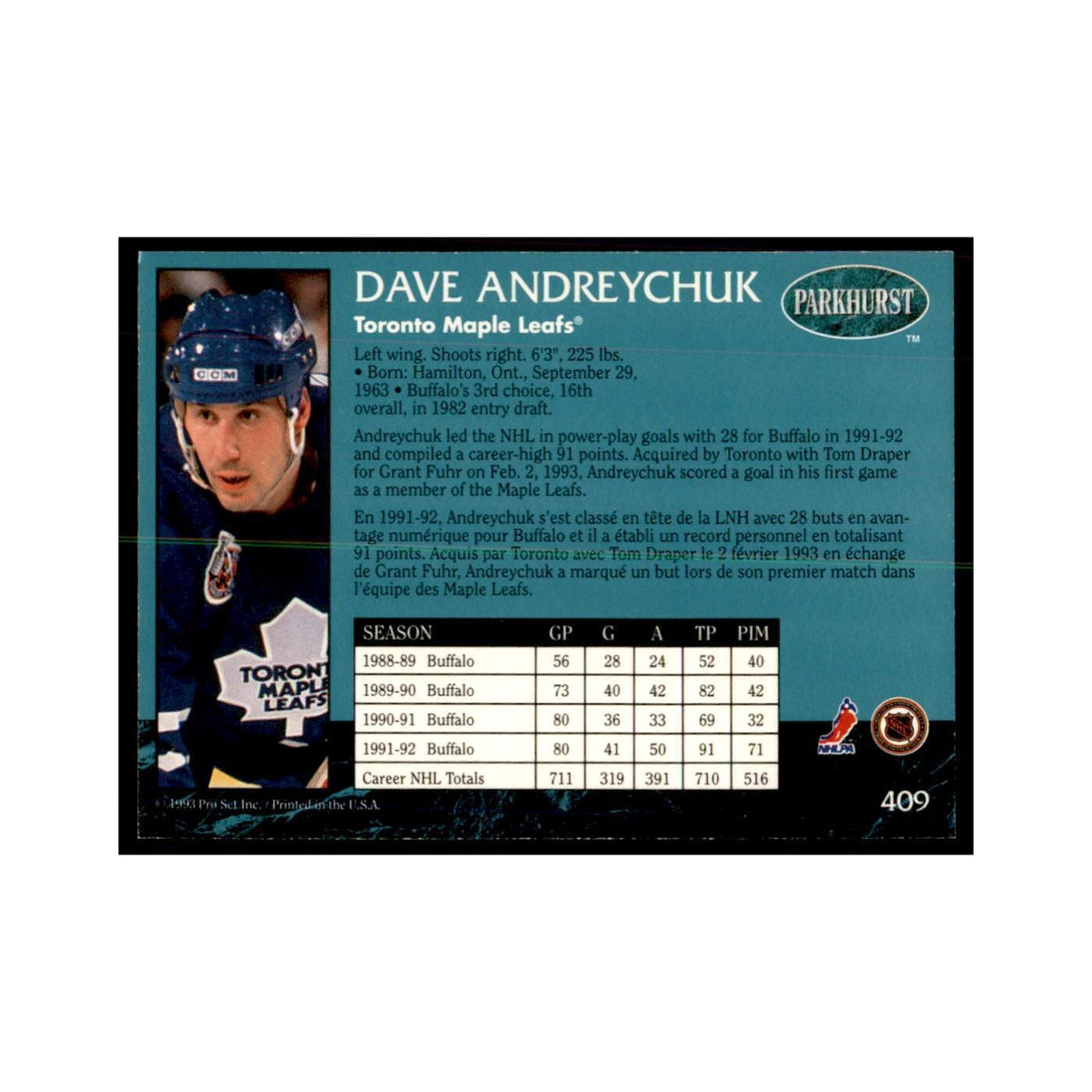 1992 Parkhurst French Dave Andreychuk Hockey Cards #409