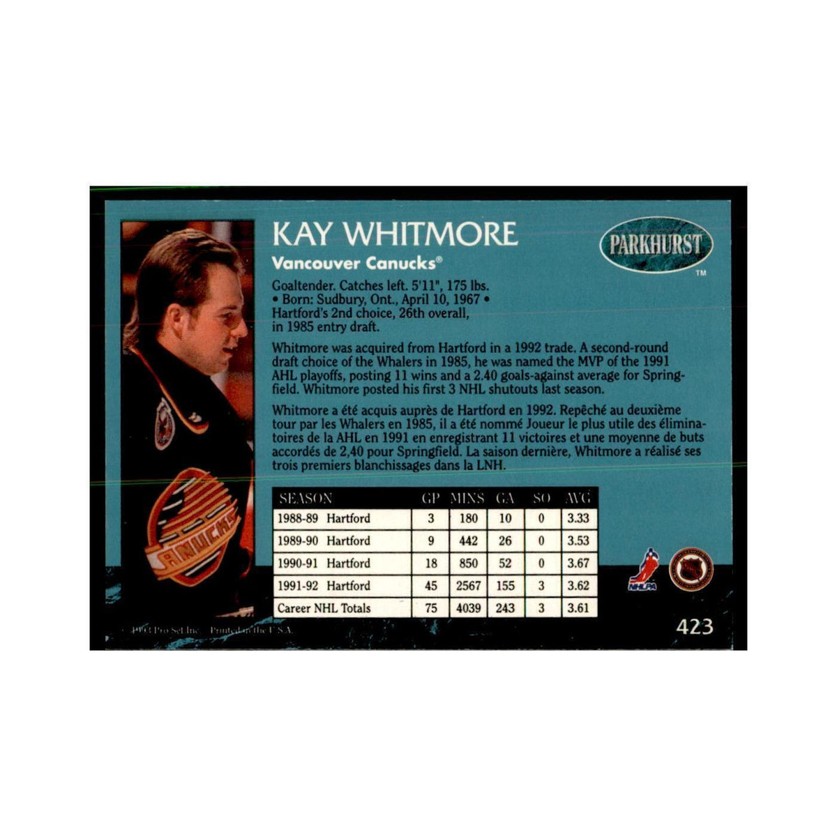 1992 Parkhurst French Kay Whitmore Hockey Cards #423