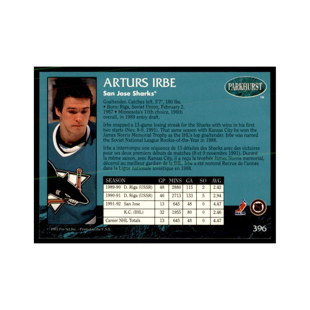 1992 Parkhurst French Arturs Irbe Hockey Cards #396