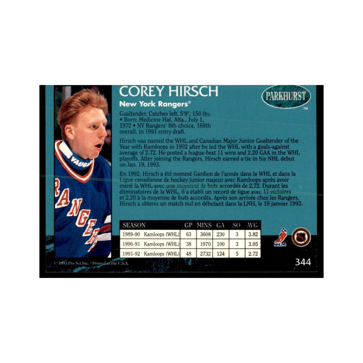 1992 Parkhurst French Corey Hirsch Hockey Cards #344