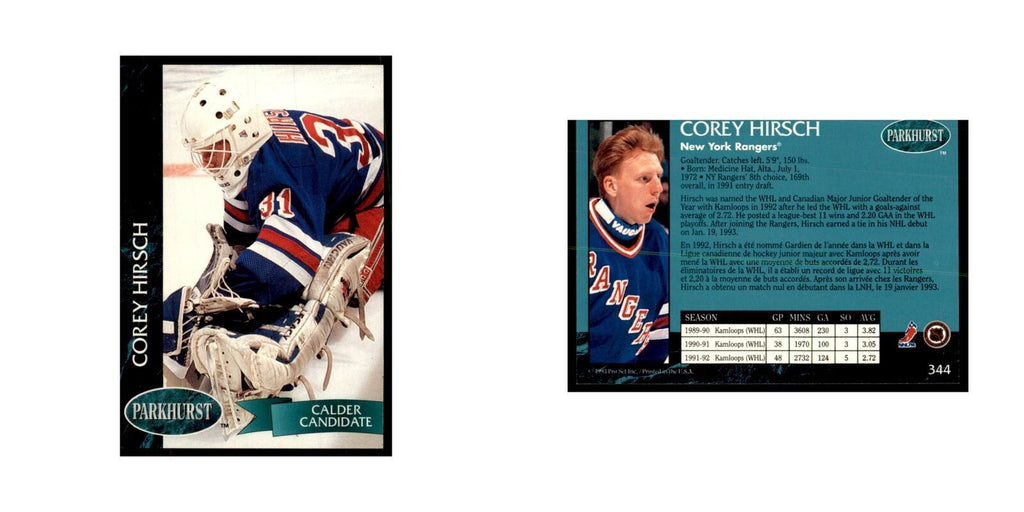 1992 Parkhurst French Corey Hirsch Hockey Cards #344
