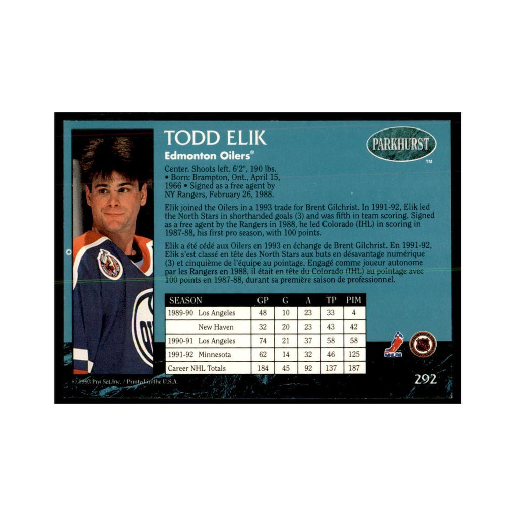 1992 Parkhurst French Todd Elik Hockey Cards #292