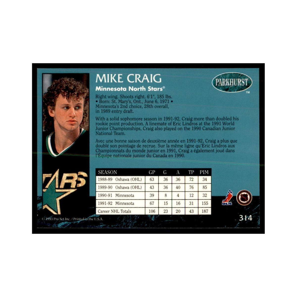 1992 Parkhurst French Mike Craig Hockey Cards #314