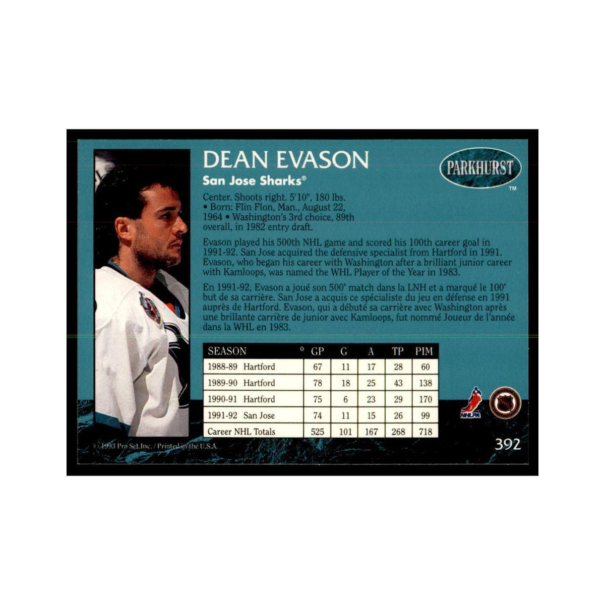 1992 Parkhurst French Dean Evason Hockey Cards #392