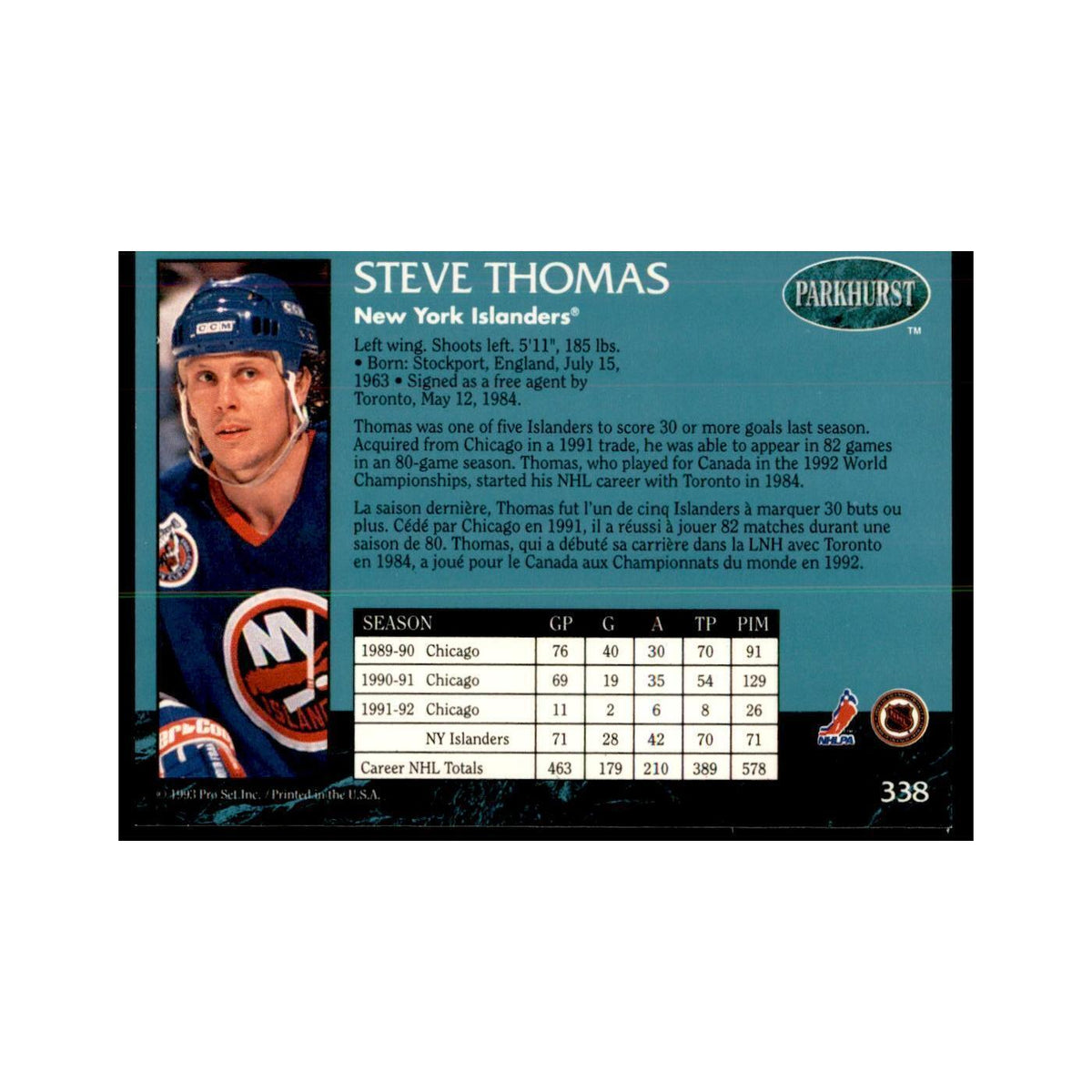 1992 Parkhurst French Steve Thomas Hockey Cards #338