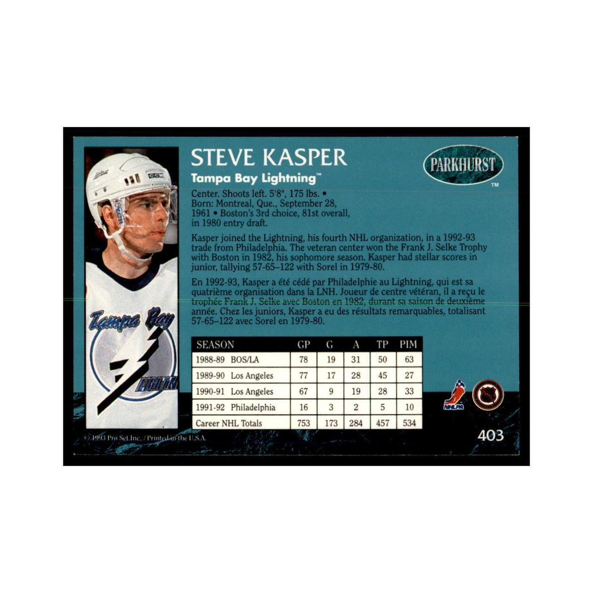 1992 Parkhurst French Steve Kasper Hockey Cards #403