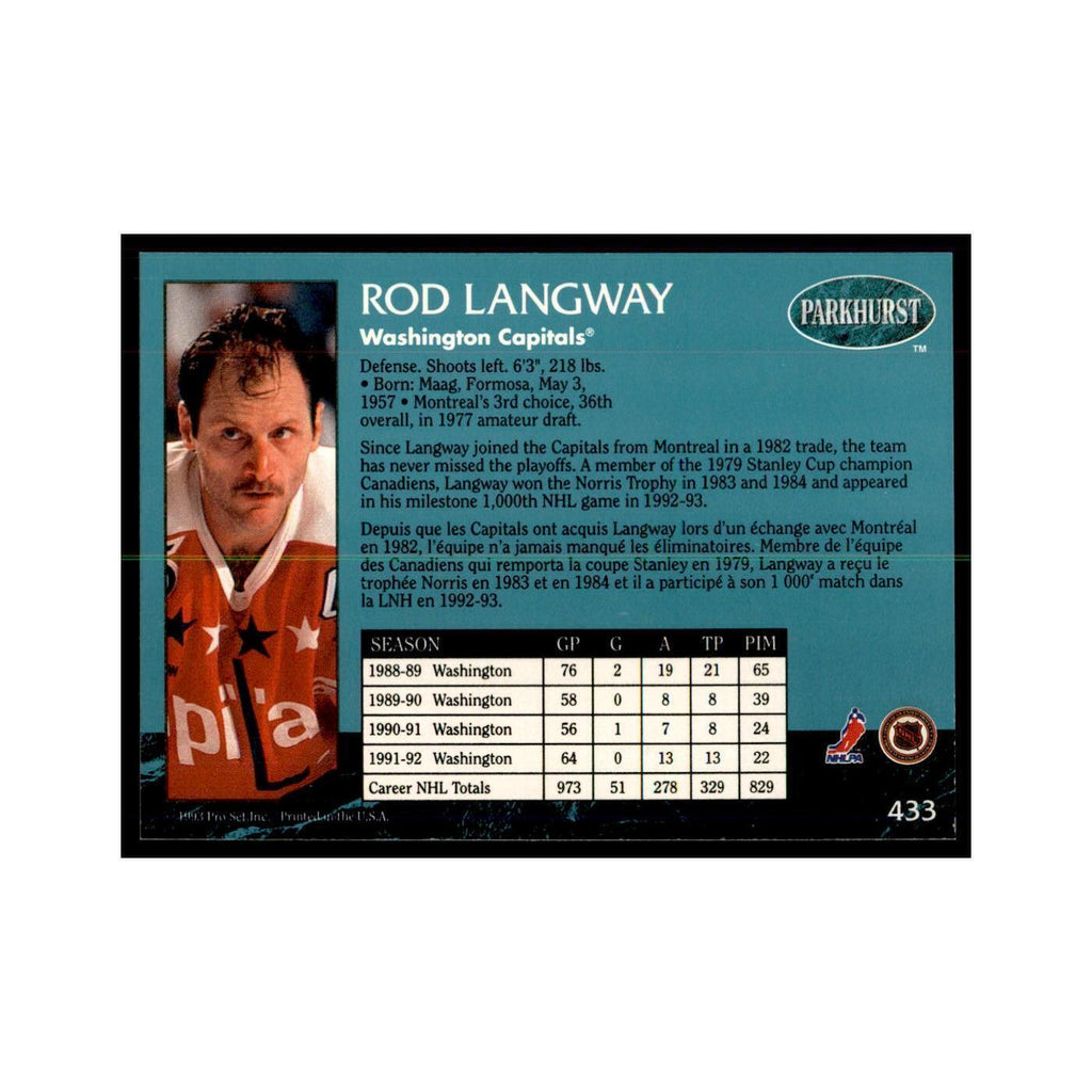 1992 Parkhurst French Rod Langway Hockey Cards #433