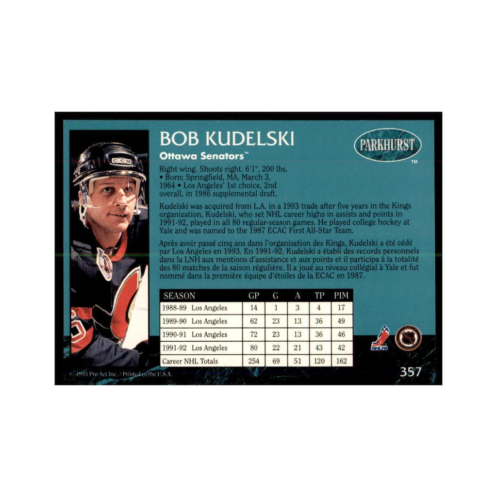 1992 Parkhurst French Bob Kudelski Hockey Cards #357