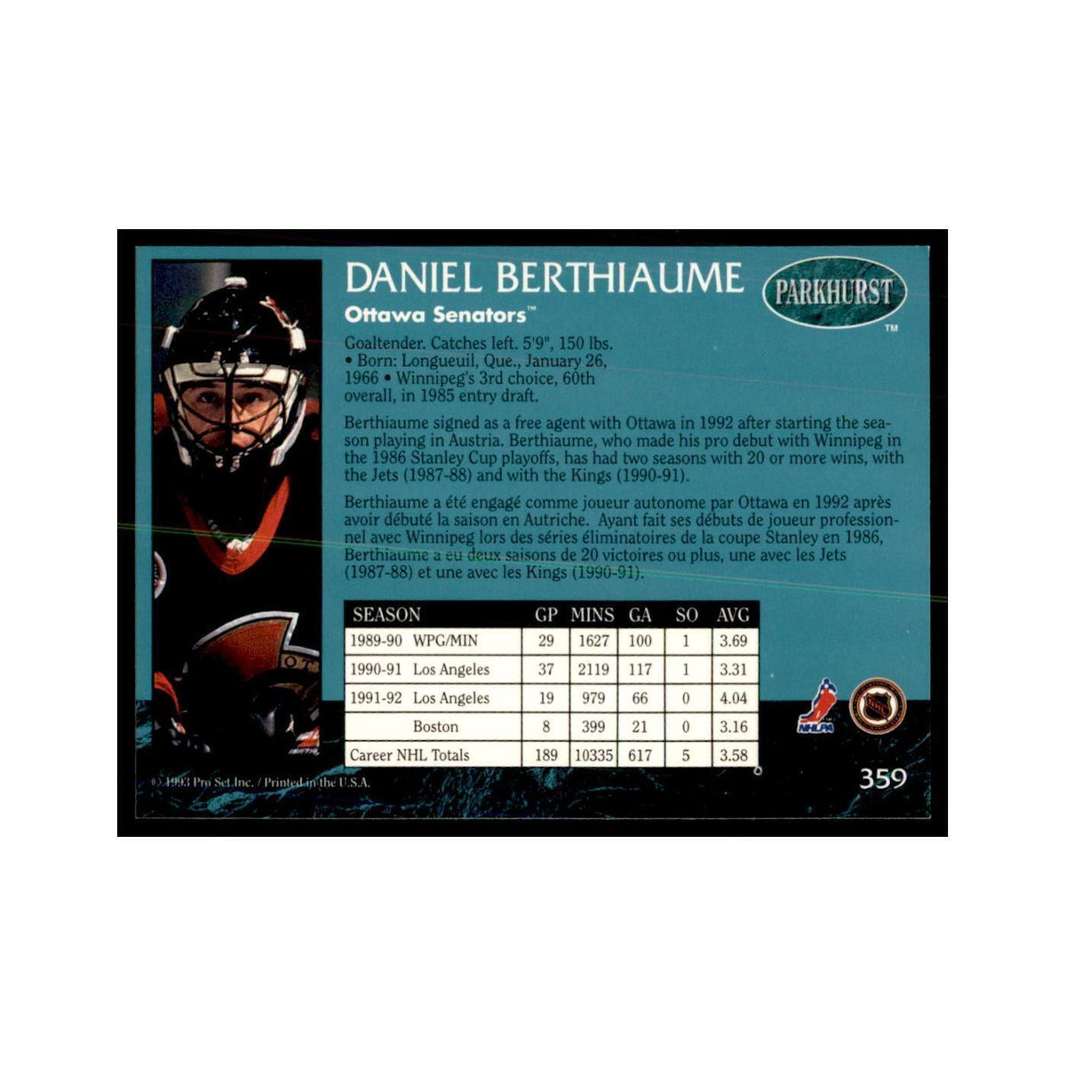 1992 Parkhurst French Daniel Berthiaume Hockey Cards #359
