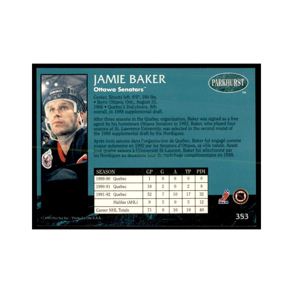 1992 Parkhurst French Jamie Baker Hockey Cards #353