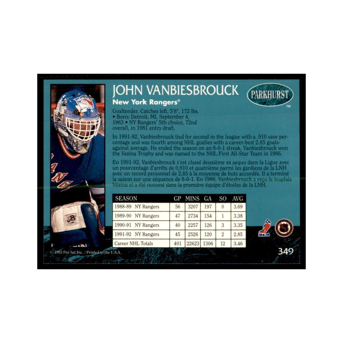 1992 Parkhurst French John Vanbiesbrouck Hockey Cards #349