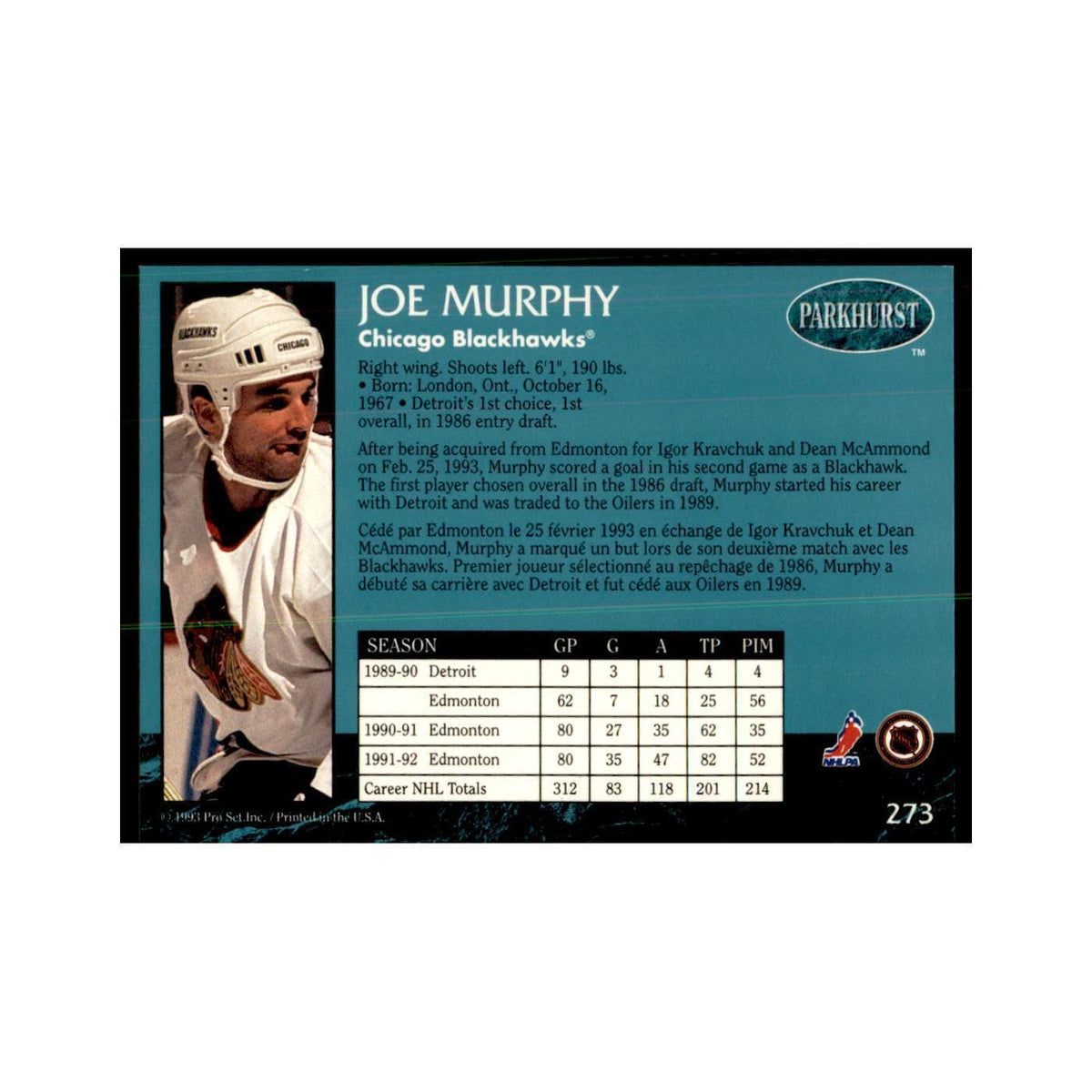 1992 Parkhurst French Joe Murphy Hockey Cards #273