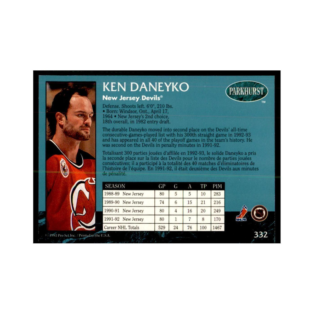 1992 Parkhurst French Ken Daneyko Hockey Cards #332