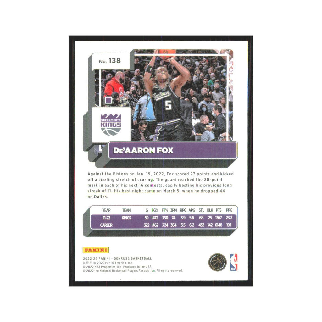 De'Aaron Fox 2022 Panini Donruss #138 Sacramento Kings Basketball Card NM