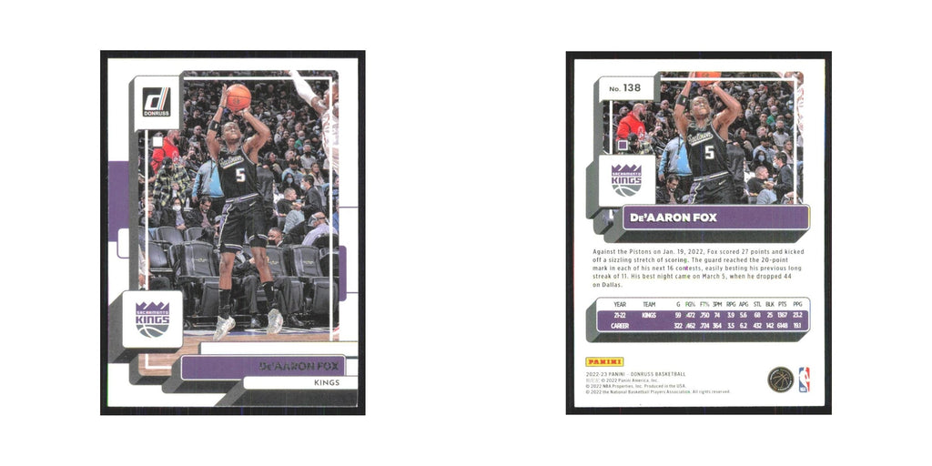 De'Aaron Fox 2022 Panini Donruss #138 Sacramento Kings Basketball Card NM