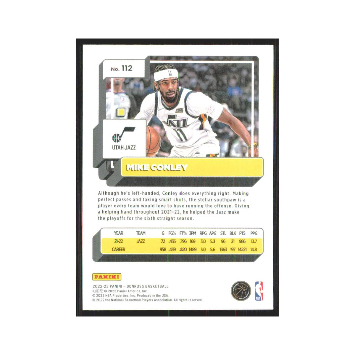 Mike Conley 2022 Panini Donruss #112 Utah Jazz Basketball Card NM