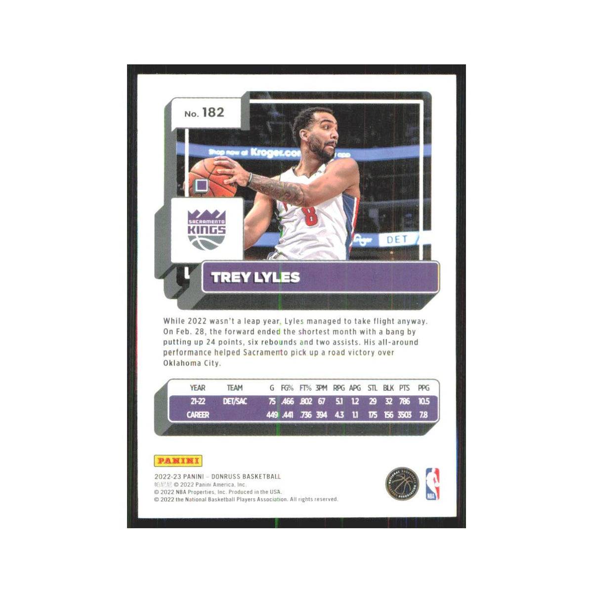 Trey Lyles 2022 Panini Donruss #182 Sacramento Kings Basketball Card NM