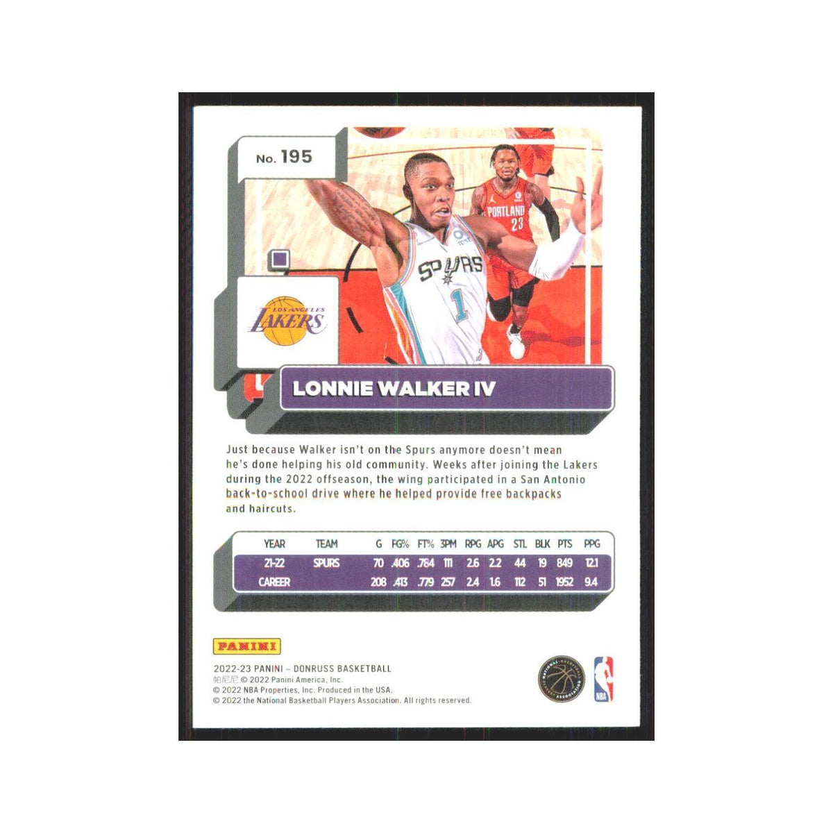 Lonnie Walker IV 2022 Panini Donruss #195 Los Angeles Lakers Basketball Card NM