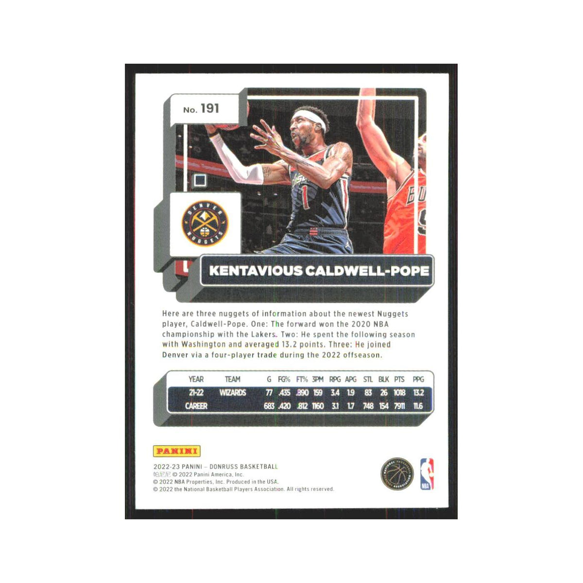 Kentavious Caldwell-Pope 2022 Panini Donruss #191 Denver Nuggets NM