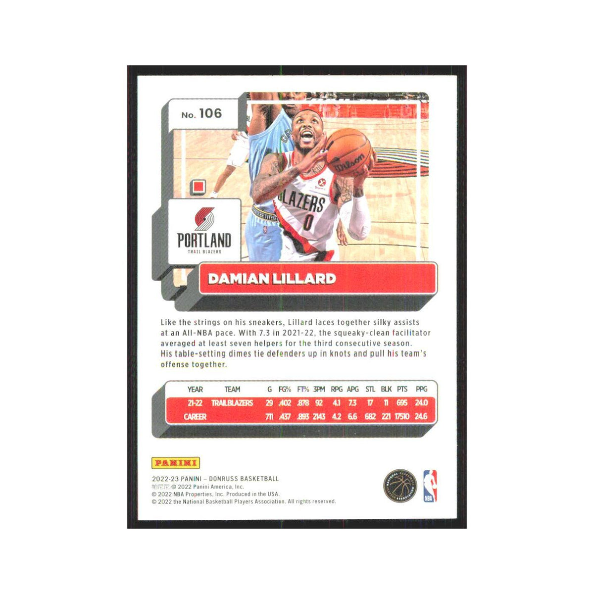 Damian Lillard 2022 Panini Donruss #106 Portland Trail Blazers NM