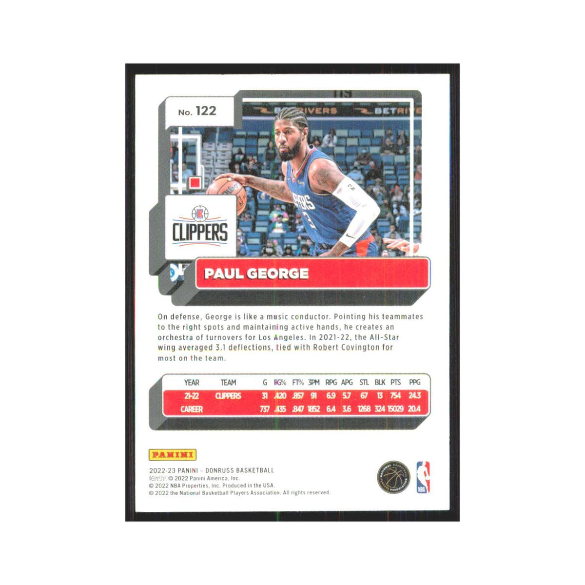 Paul George 2022 Panini Donruss #122 Los Angeles Clippers Basketball Card NM