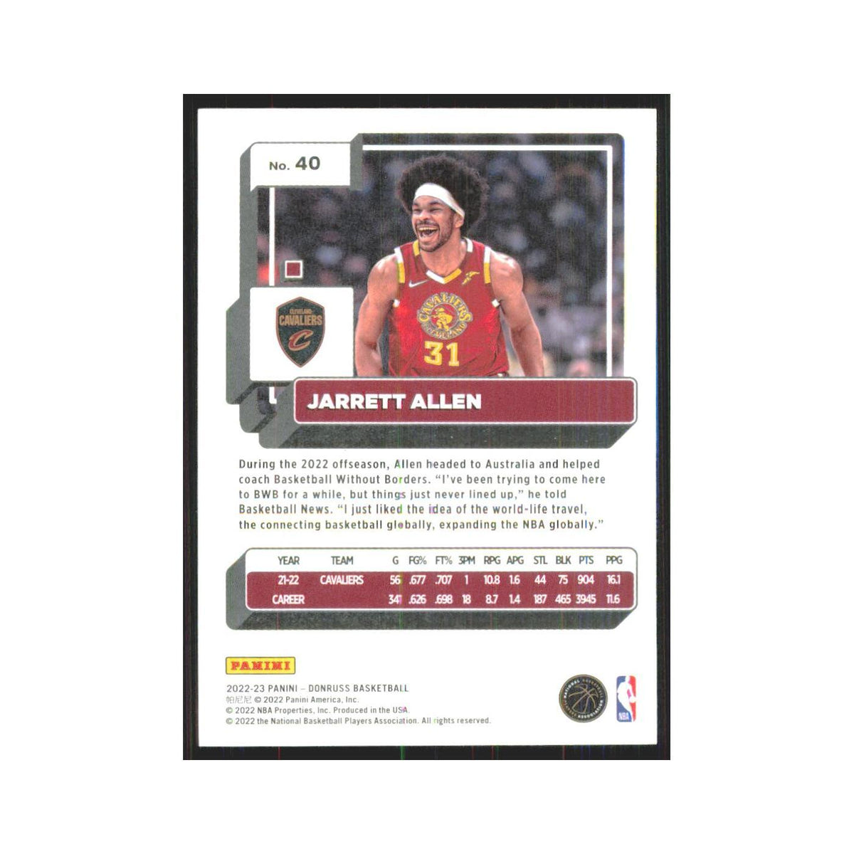 Jarrett Allen 2022 Panini Donruss #40 Cleveland Cavaliers Basketball Card NM