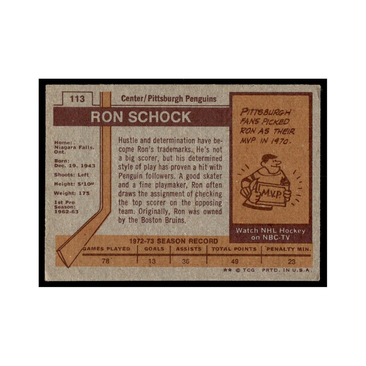 Ron Schock 1973 Topps (Damaged) #113 Pittsburgh Penguins Hockey Card Poor