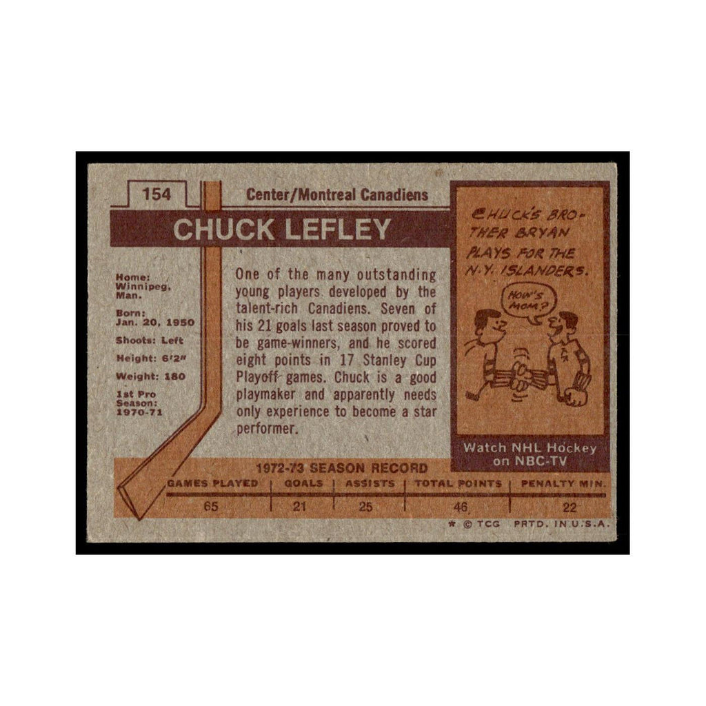 Chuck Lefley Rookie 1973 Topps (Damaged) #154 Montreal Canadiens Poor