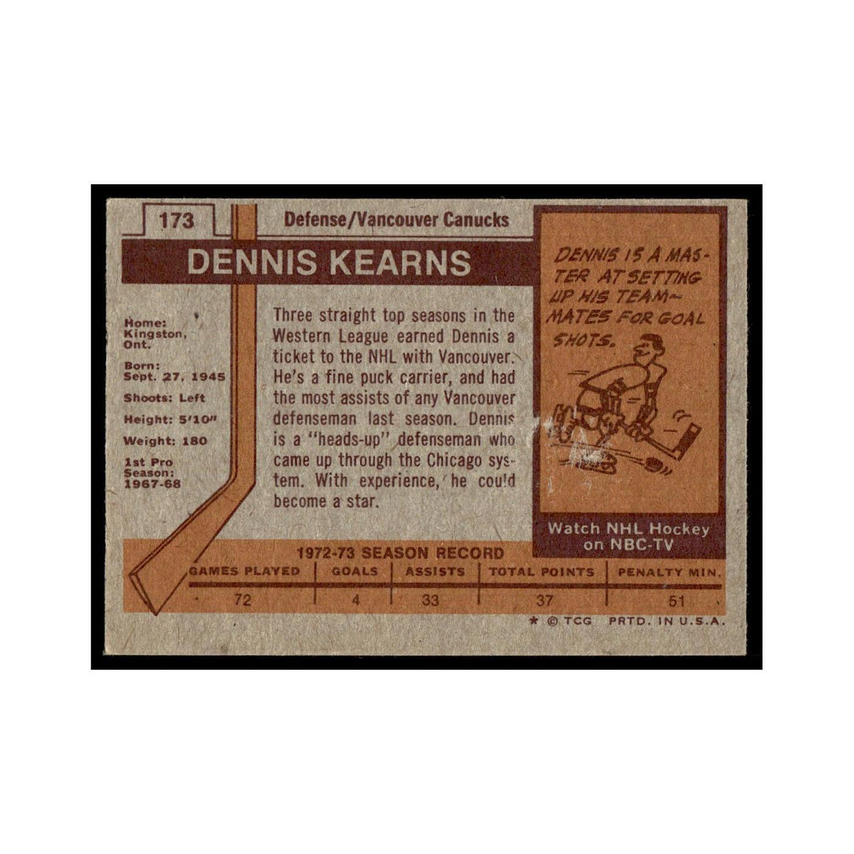 Dennis Kearns 1973 Topps (Damaged) #173 Vancouver Canucks Hockey Card Poor