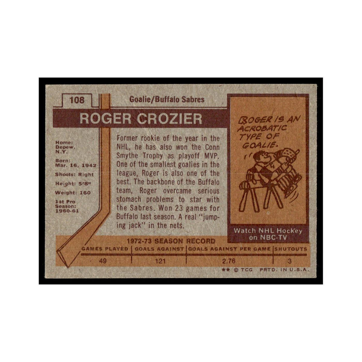Roger Crozier 1973 Topps (Damaged) #108 Buffalo Sabres Hockey Card Poor