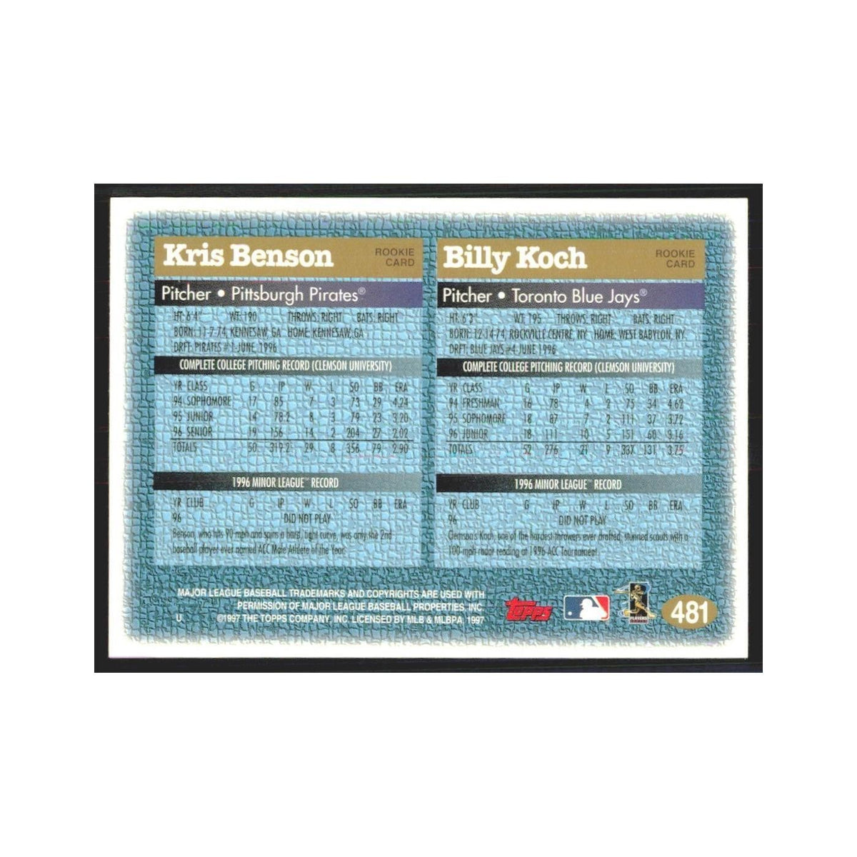1997 Topps Kris Benson/Billy Koch Pittsburgh Pirates/Toronto Blue Jays #481