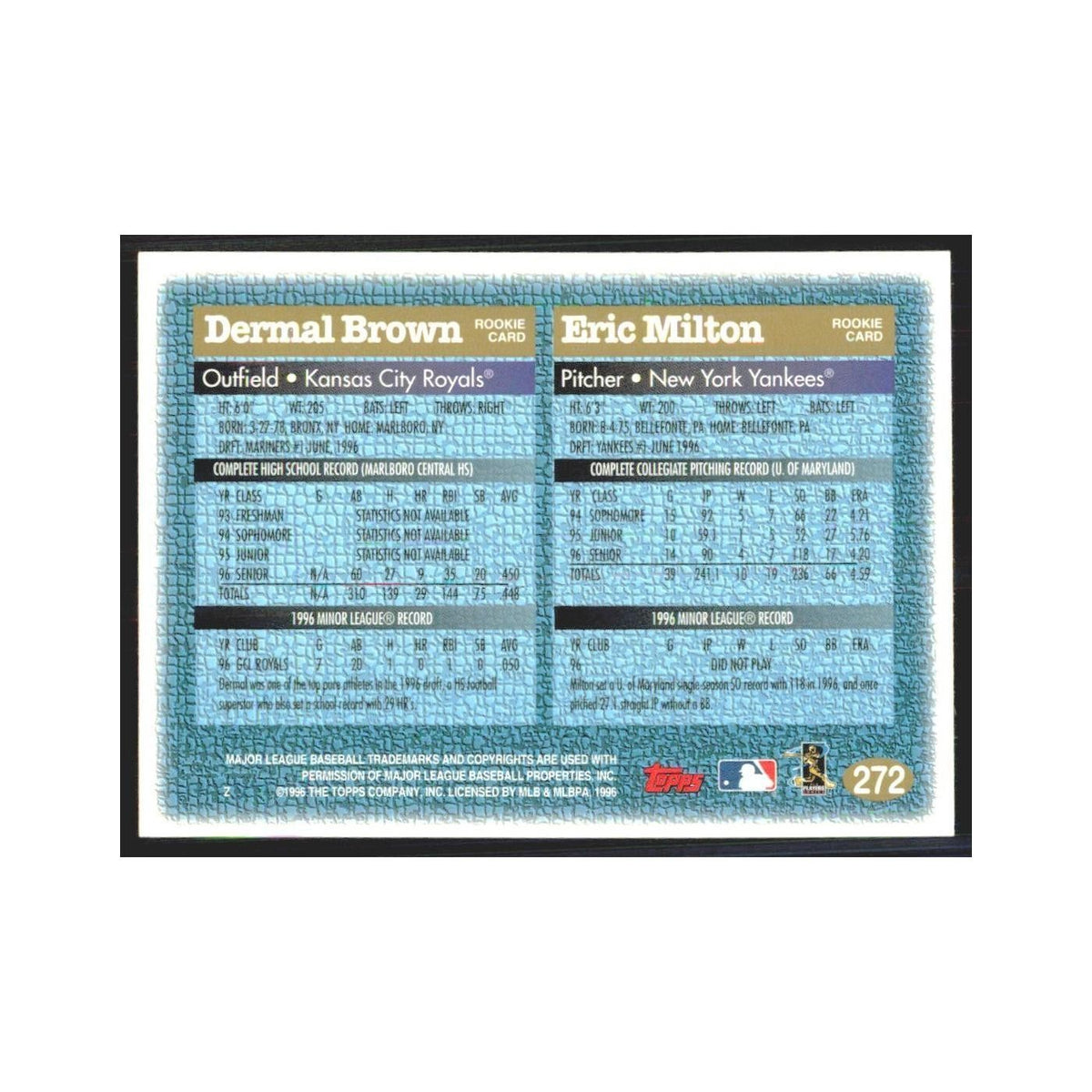 1997 Topps Dermal Brown/Eric Milton Kansas City Royals/New York Yankees #272