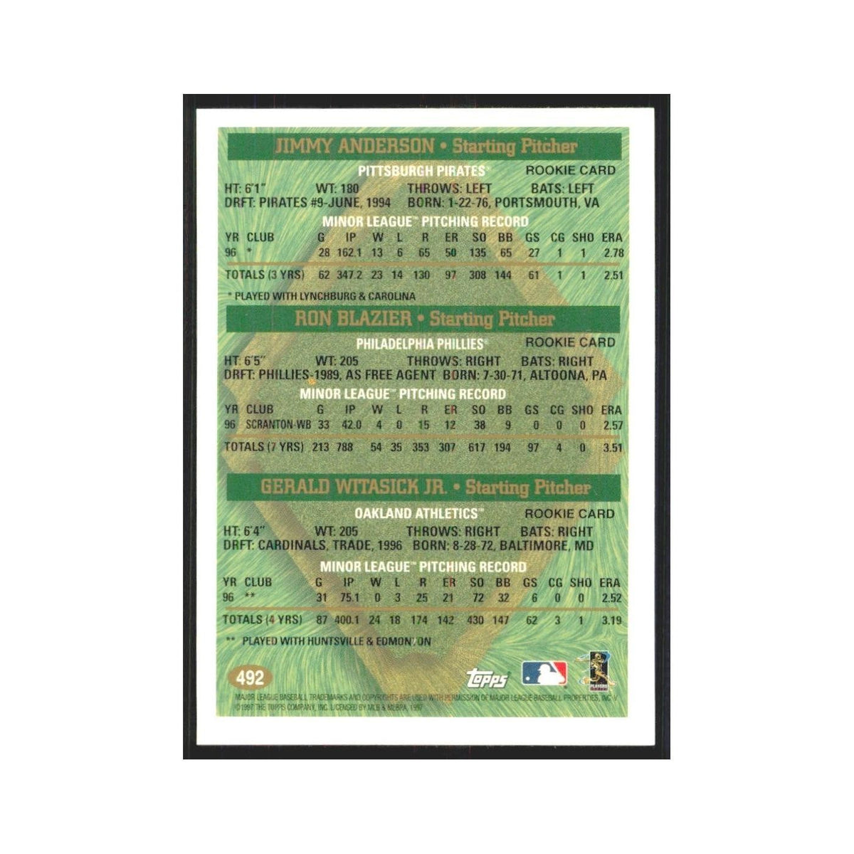 1997 Jimmy Anderson/Ron Blazier/Jay Witasick Pittsburgh Pirates/Philadelphia Phi