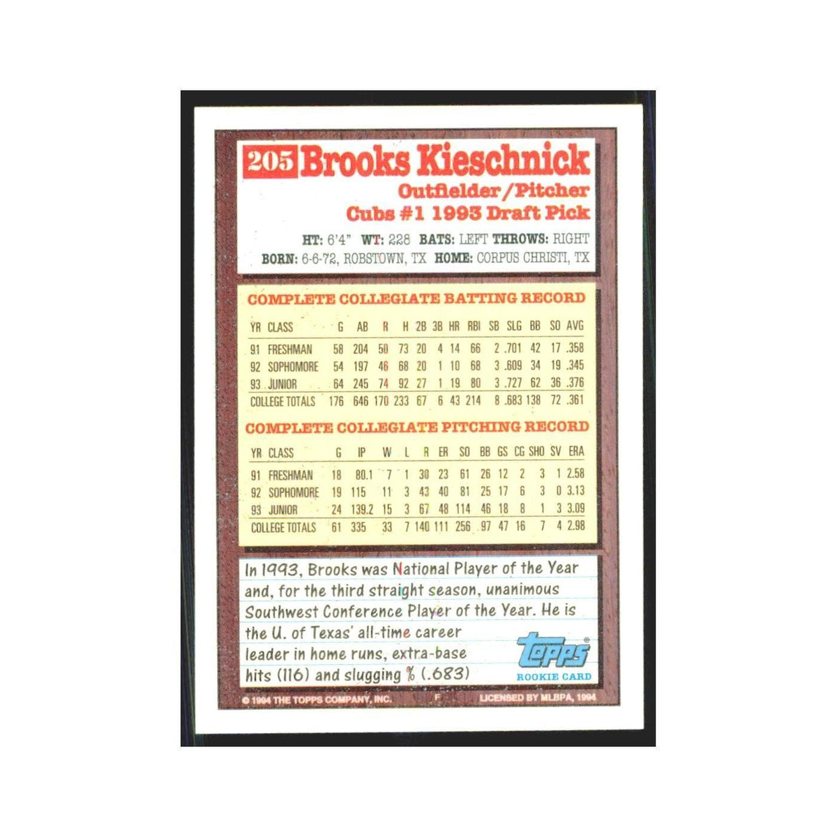 1994 Topps Brooks Kieschnick Cubs #205